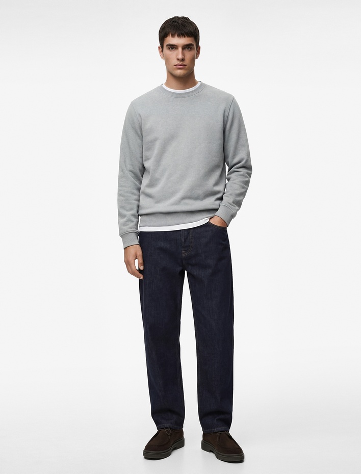  Pamuklu Uzun Kollu Şardonlu Bisiklet Yaka Erkek Basic Sweatshirt