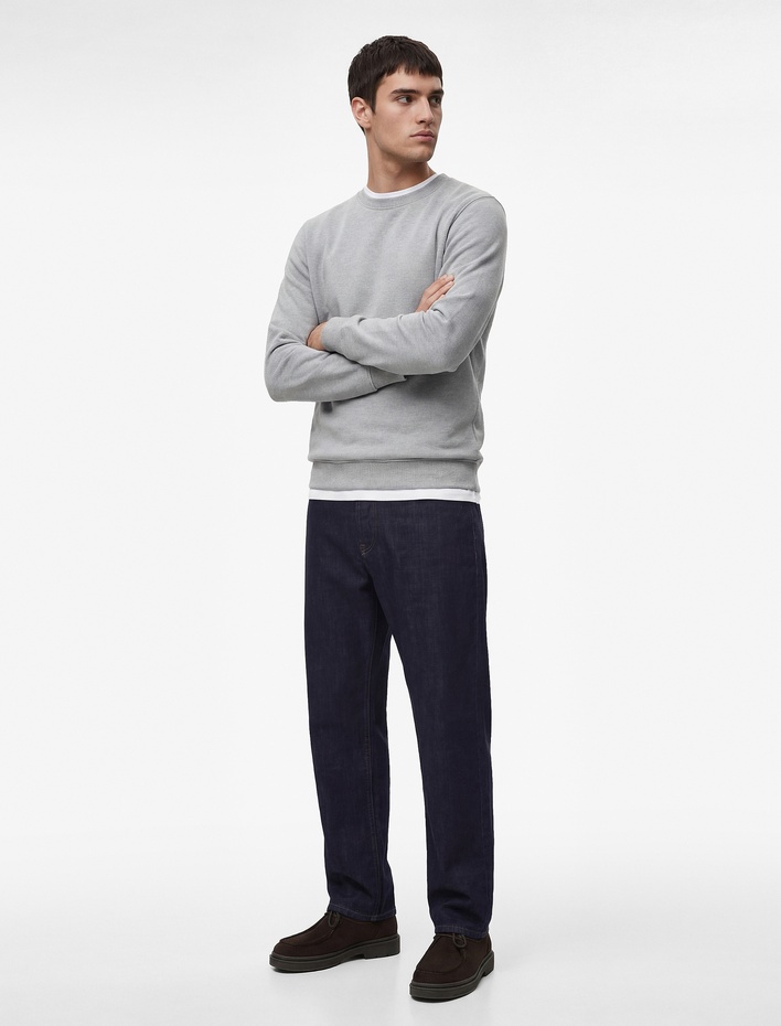  Pamuklu Uzun Kollu Şardonlu Bisiklet Yaka Erkek Basic Sweatshirt