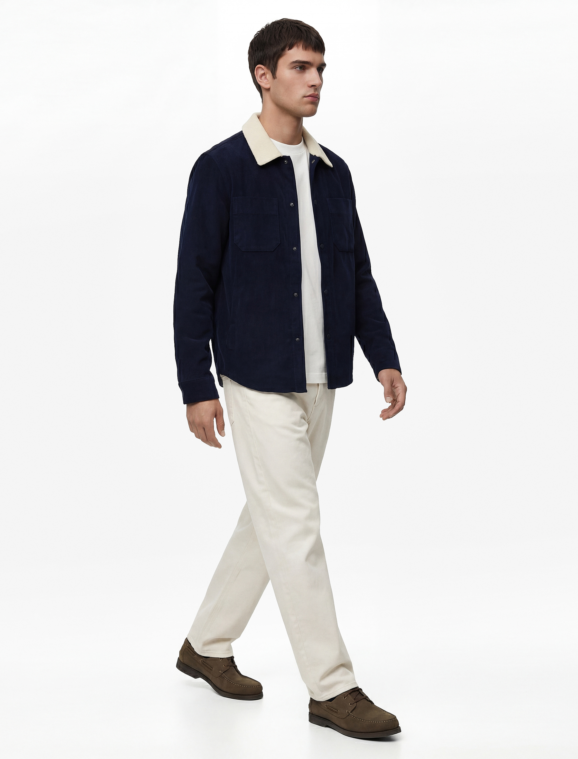   Regular Fit Uzun Kollu Cepli Renk Kontrastlı Klasik Yaka Fitilli Kadife Gömlek Ceket