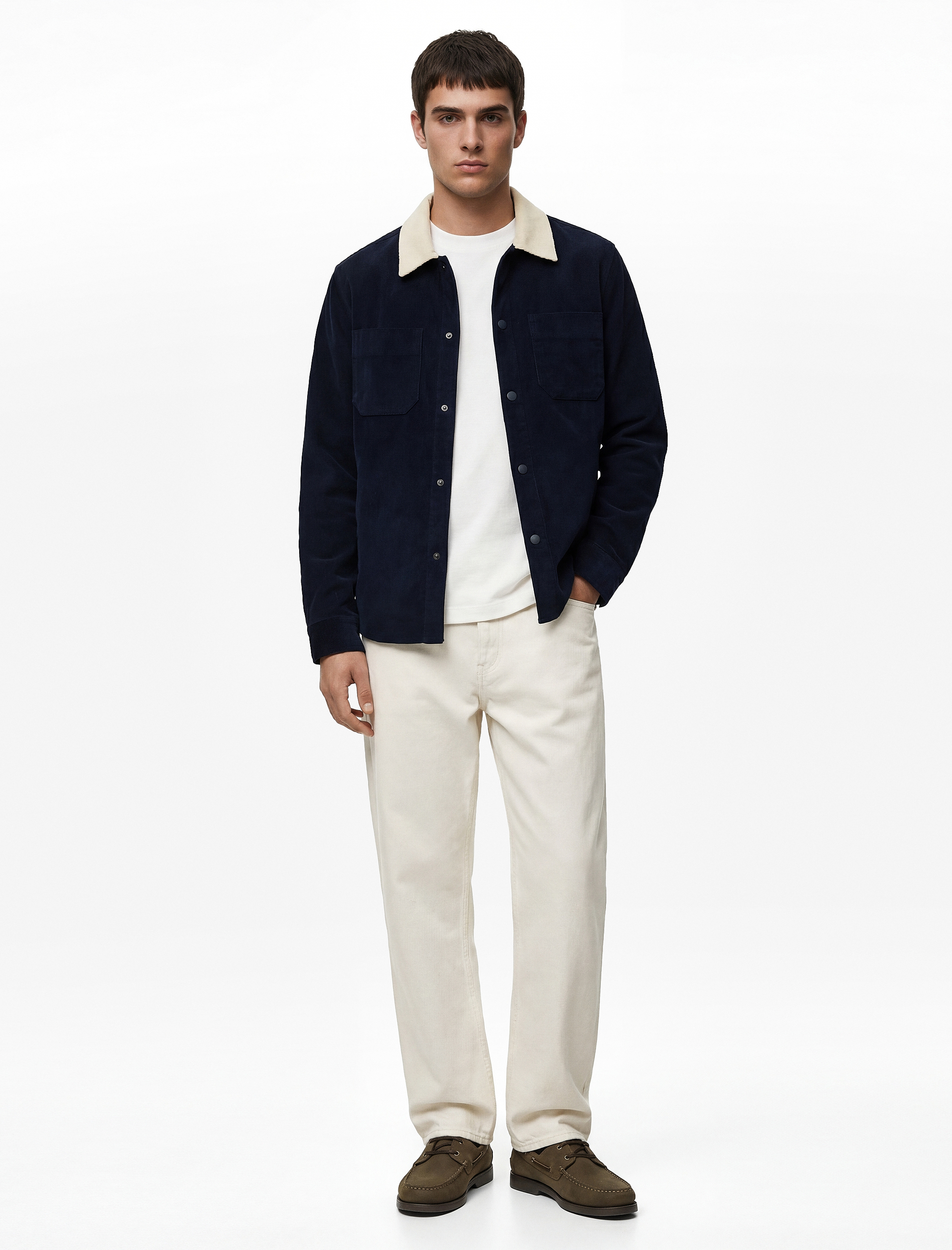   Regular Fit Uzun Kollu Cepli Renk Kontrastlı Klasik Yaka Fitilli Kadife Gömlek Ceket