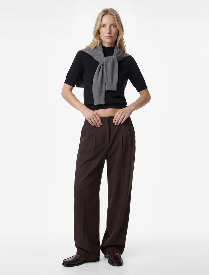  Hafif Dik Yaka  Kısa Kollu Triko Kazak