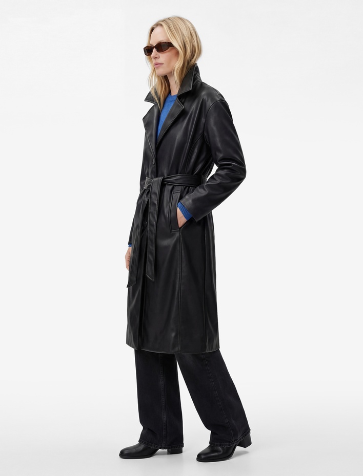  Uzun Kollu Cepli Kemerli Suni Deri Trençkot