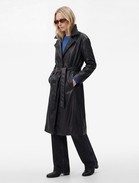 Uzun Kollu Cepli Kemerli Suni Deri Trençkot