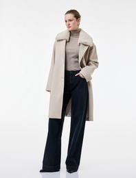 Çıkarılabilir Suni Kürk Yaka Kaban Oversize Kaşe Uzun Kollu Cepli Düğmeli