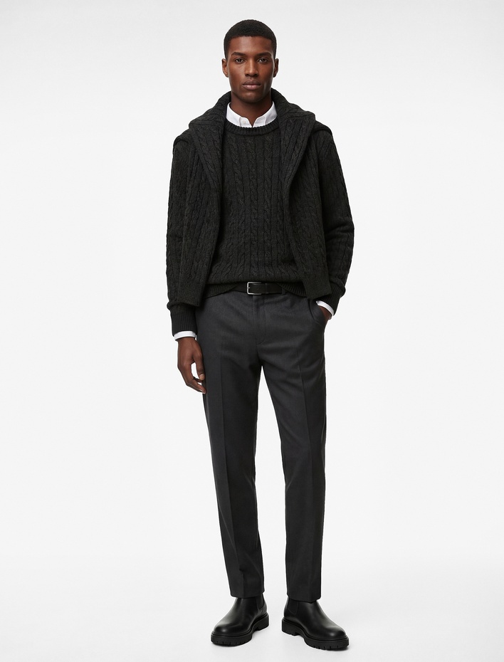  Uzun Kollu Bisiklet Yaka Saç Örgüsü Dokulu Triko Kazak