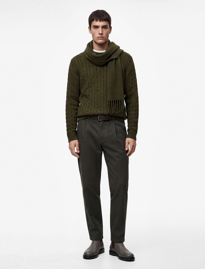  Uzun Kollu Bisiklet Yaka Saç Örgüsü Dokulu Triko Kazak