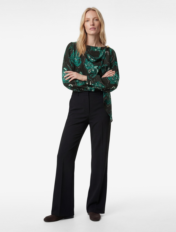  Etnik Çiçek Desenli Uzun Kollu Şal Yaka Saten Bluz