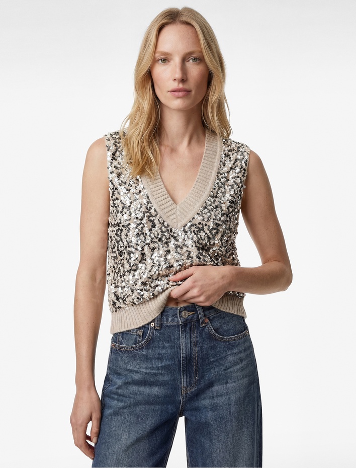  V Yaka Triko Pul Payetli Süveter