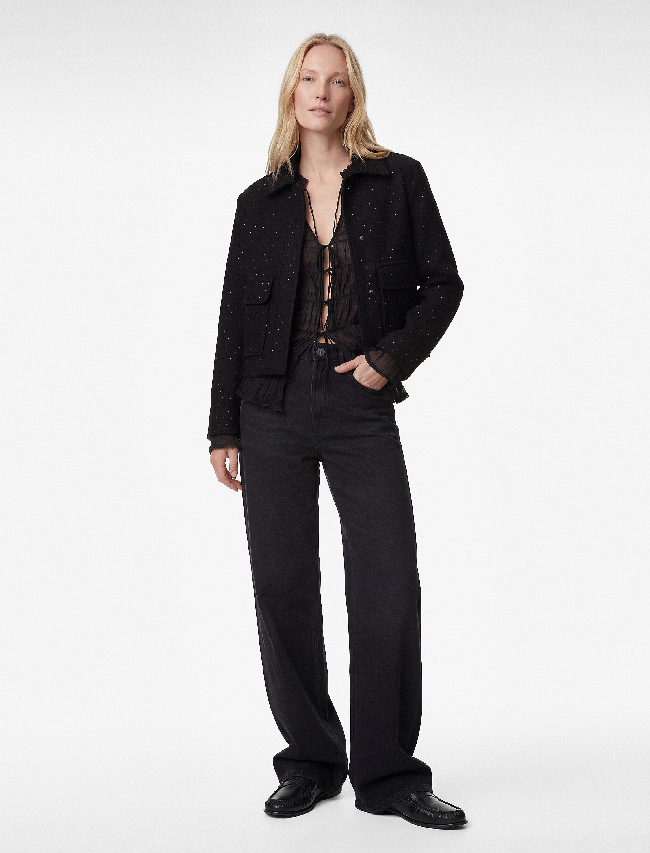   Uzun Kollu Fermuarlı Parıltılı Taş Detaylı Kısa Ceket