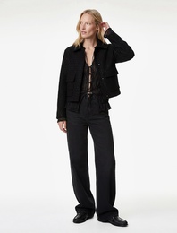 Uzun Kollu Fermuarlı Parıltılı Taş Detaylı Kısa Ceket