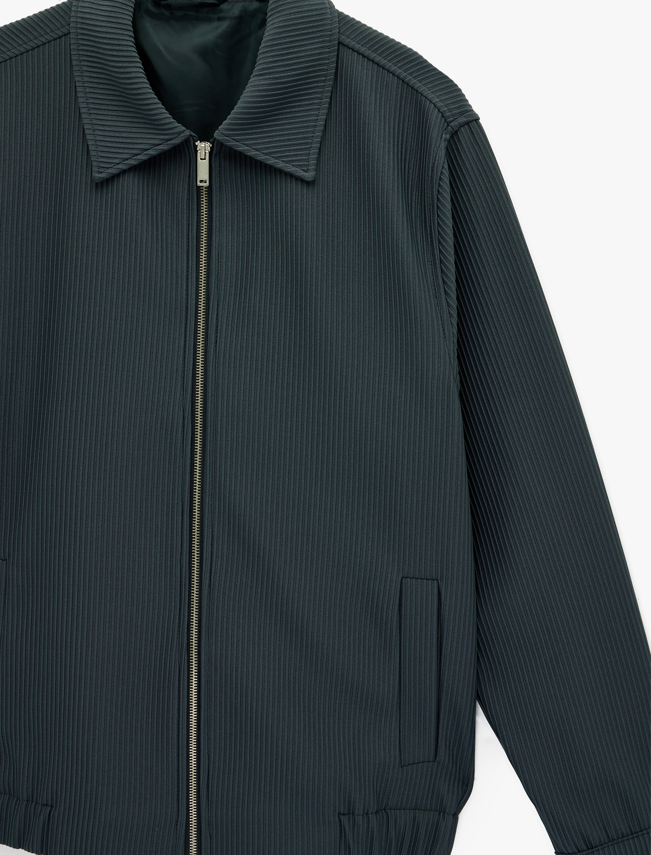   Regular Fit Uzun Kollu Cepli Gömlek Yaka Fermuarlı Fitilli Bomber Ceket