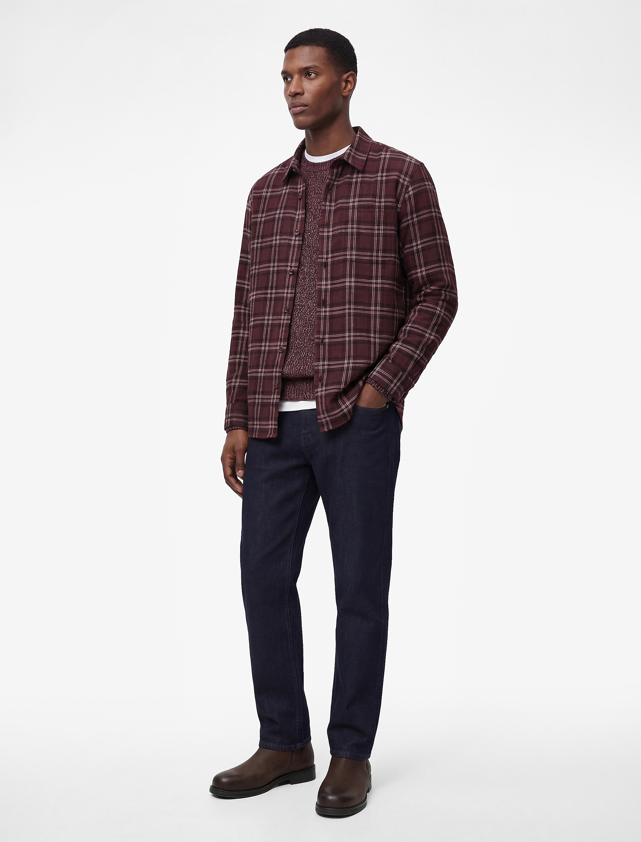   Regular Fit Viskon Karışımlı Kareli Klasik Yaka Uzun Kollu Oduncu Gömleği