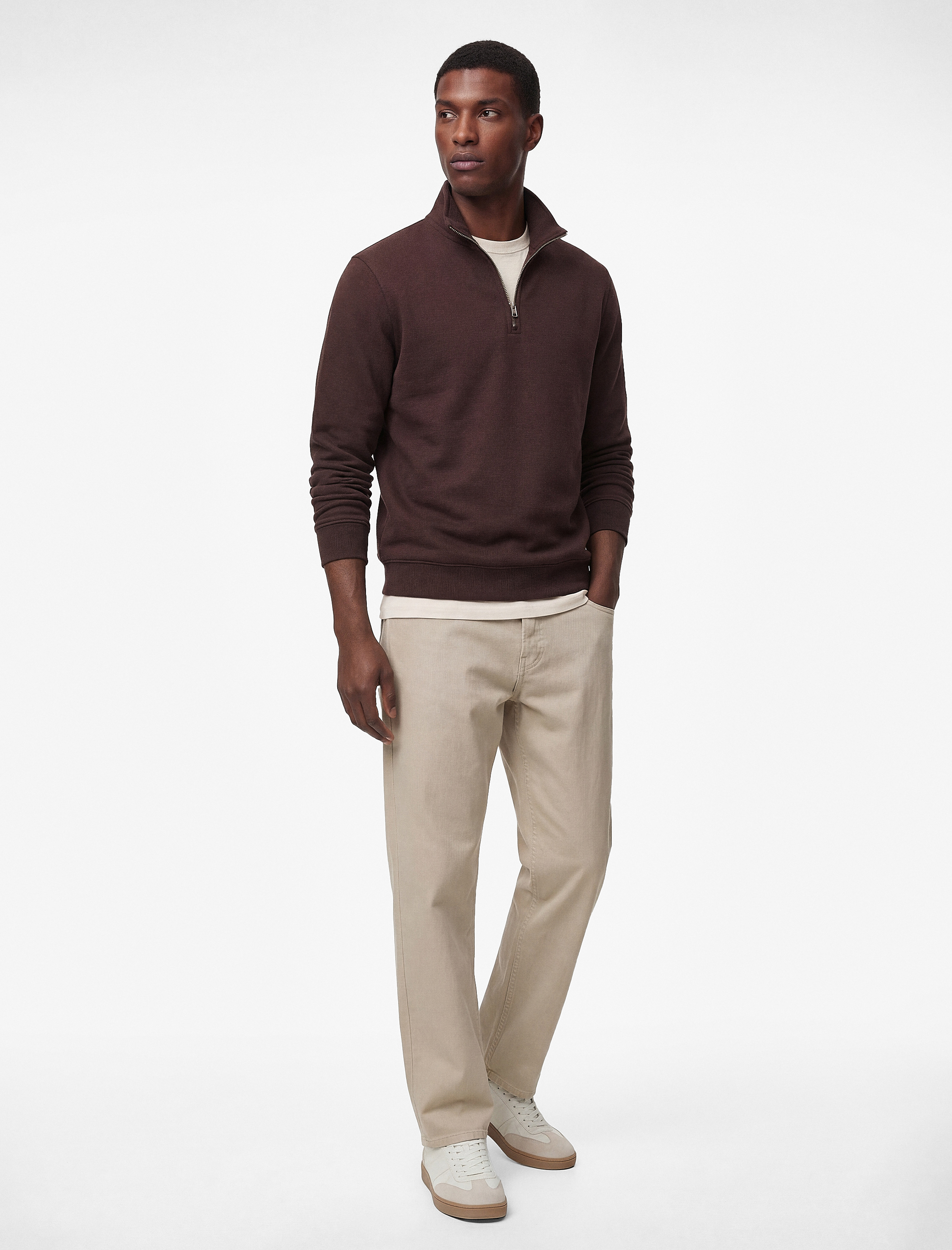   Uzun Kollu Şardonlu Basic Yarım Fermuarlı Sweatshirt