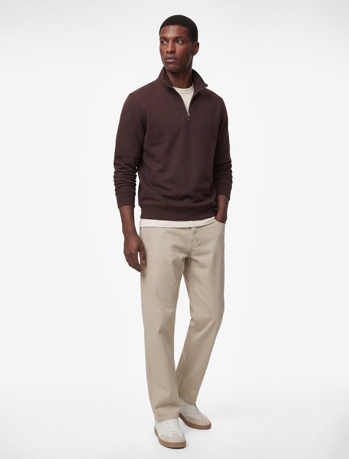  Uzun Kollu Şardonlu Basic Yarım Fermuarlı Sweatshirt