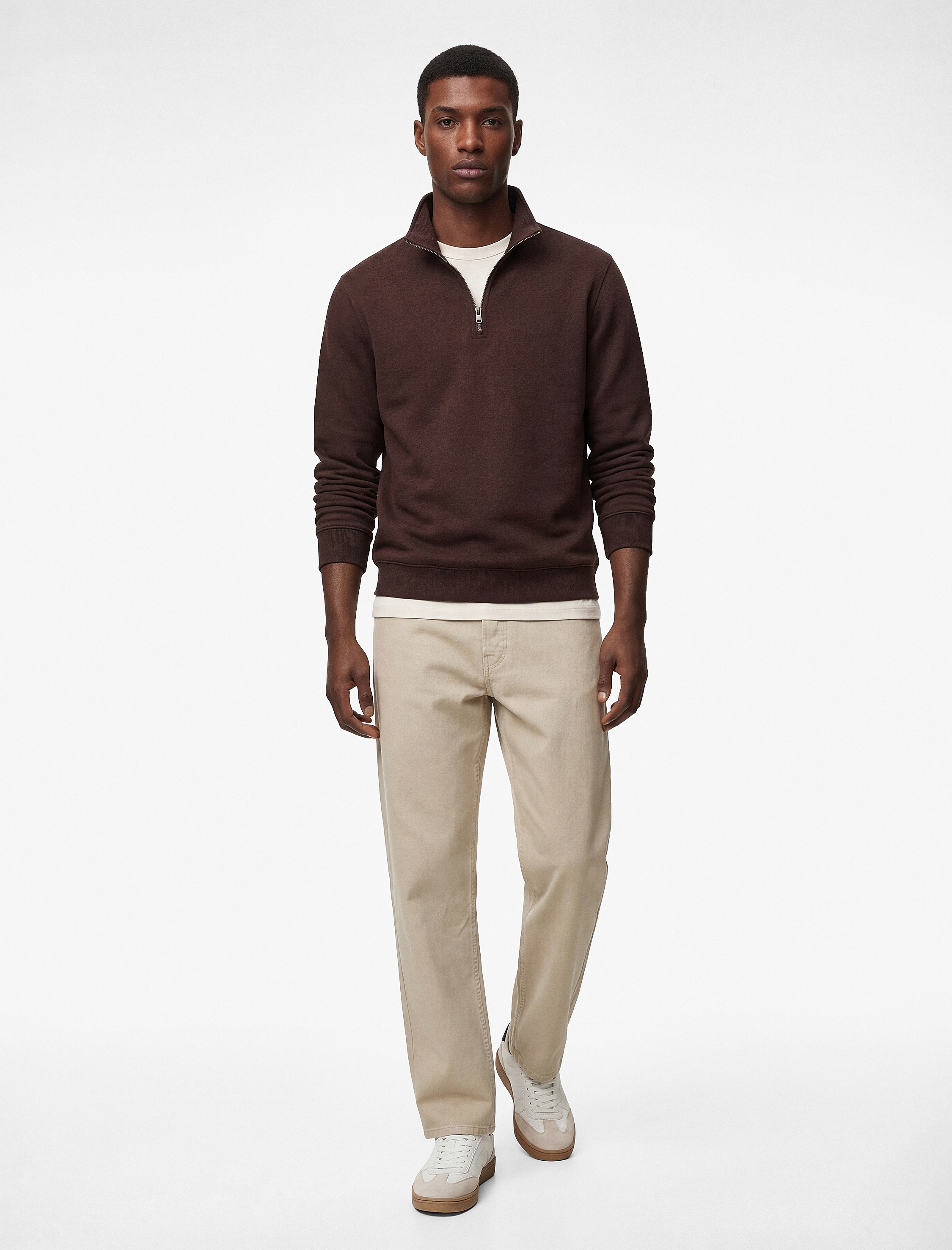   Uzun Kollu Şardonlu Basic Yarım Fermuarlı Sweatshirt