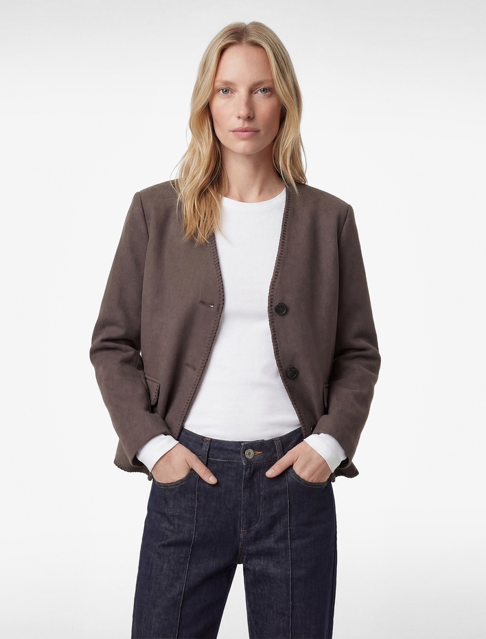  Çoban Dikişi Detaylı Düğmeli Uzun Kollu Cepli Kaşe Ceket