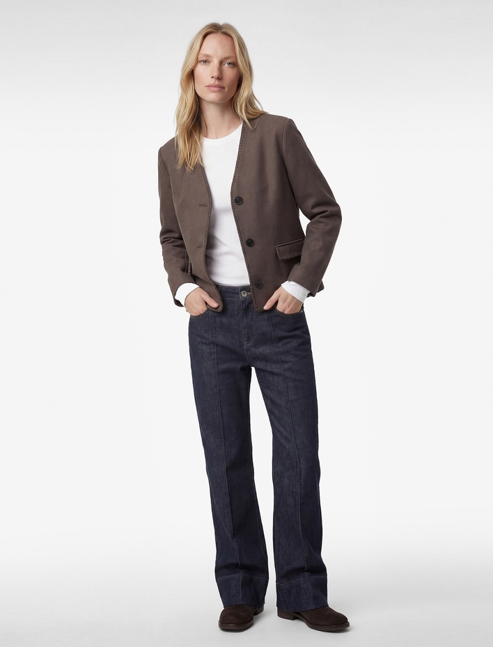  Çoban Dikişi Detaylı Düğmeli Uzun Kollu Cepli Kaşe Ceket