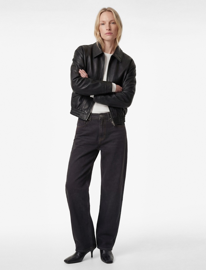  Uzun Kollu Cepli Fermuarlı Oversize Suni Deri Ceket