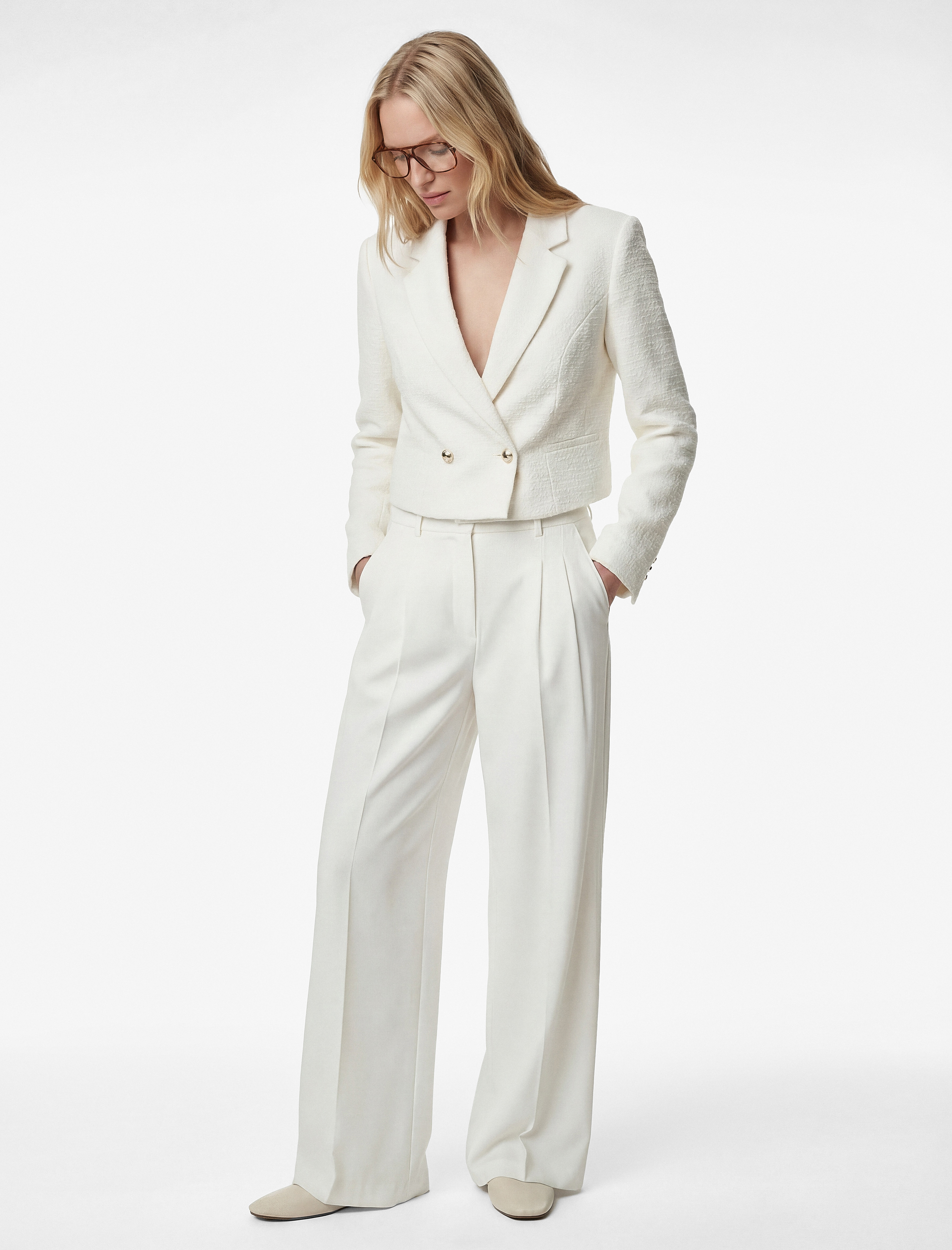   Slim Fit Uzun Kollu Düğmeli Kruvaze Crop Tüvit Ceket