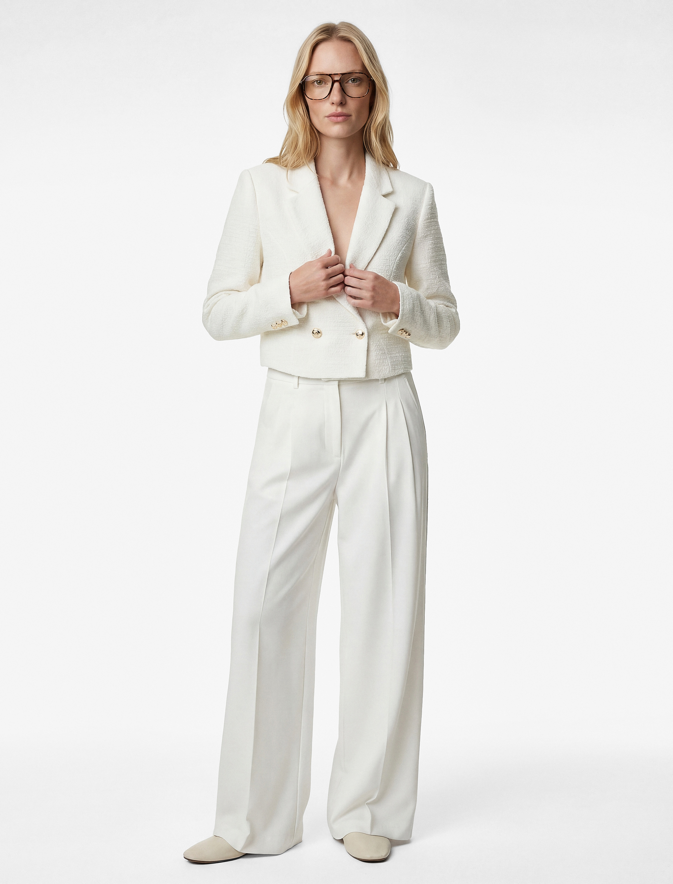   Slim Fit Uzun Kollu Düğmeli Kruvaze Crop Tüvit Ceket