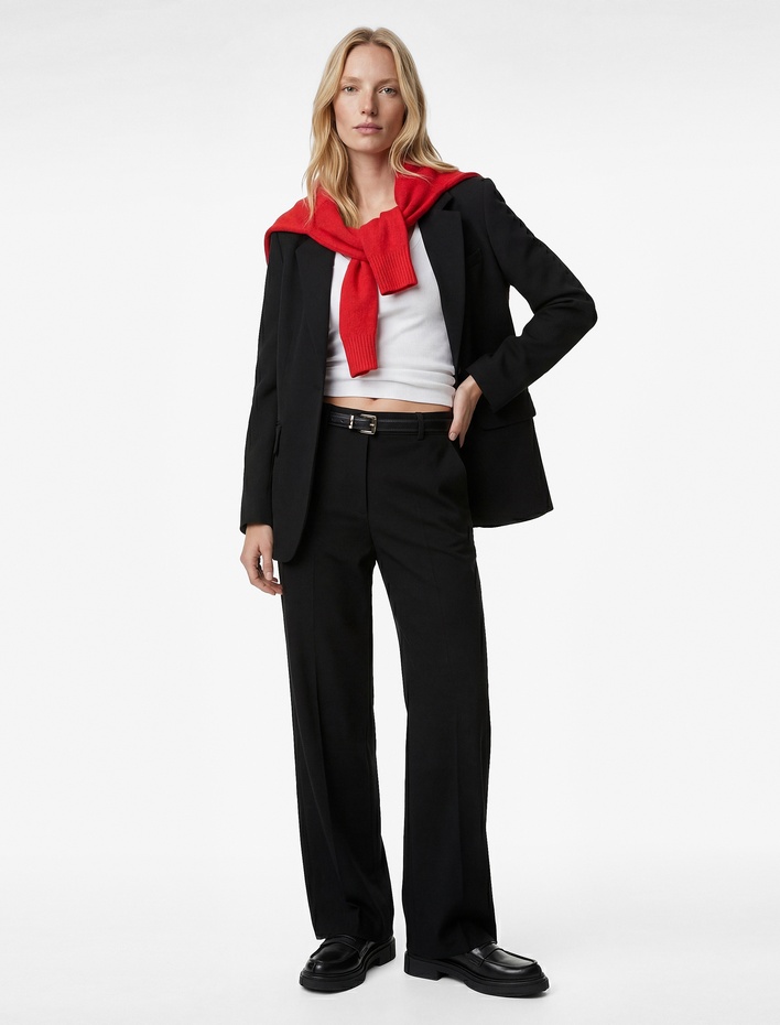  Cepli Düz Paça Uzun Kemerli Kumaş Pantolon