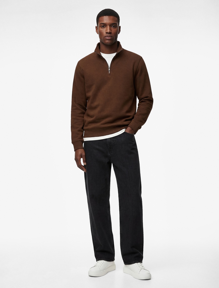 Koton Erkek Uzun Kollu Şardonlu Basic Yarım Fermuarlı Sweatshirt
