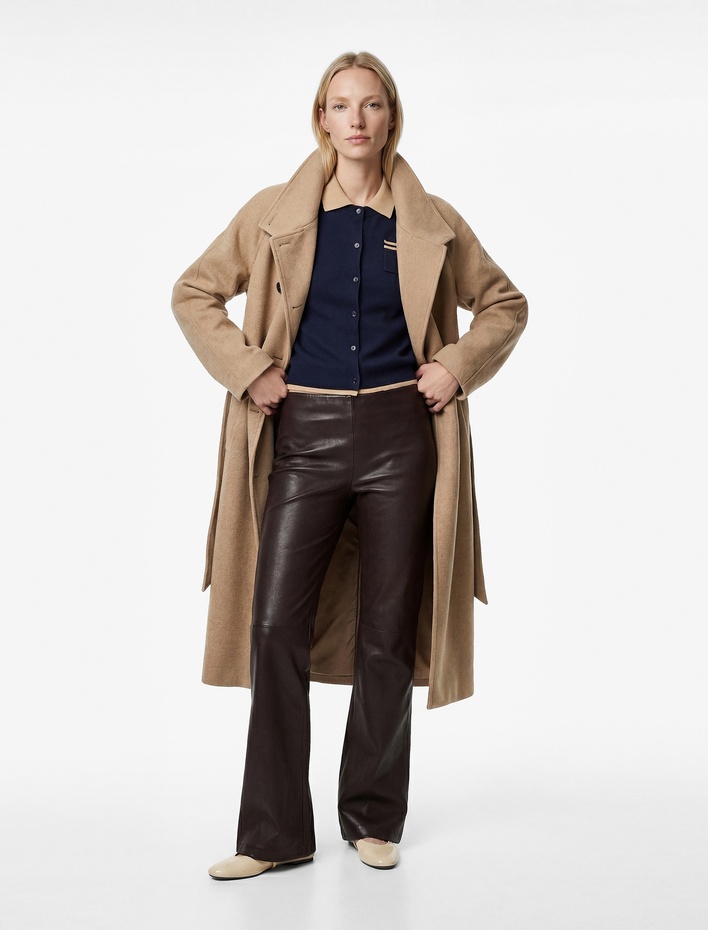  Uzun Kollu Cepli Kruvaze Dik Yaka Kemerli Uzun Kaşe Kaban