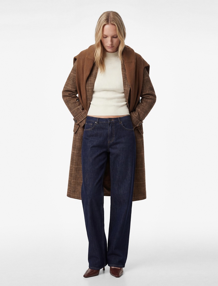  Kemerli Kaşe Ekose Kaban Düğmeli Cepli Uzun Kollu