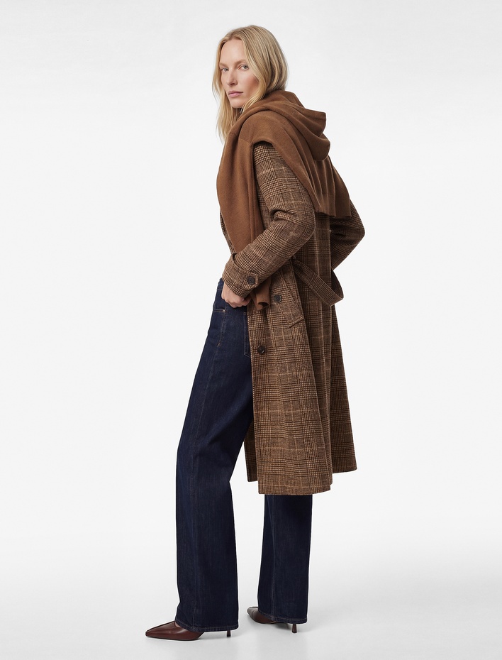  Kemerli Kaşe Ekose Kaban Düğmeli Cepli Uzun Kollu