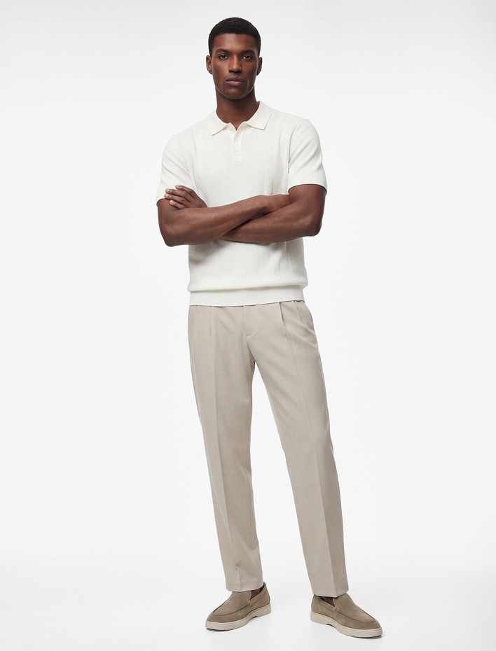  Regular Fit Pamuklu Dokulu Kısa Kollu Düğmeli Polo Yaka Pamuklu Triko Tişört