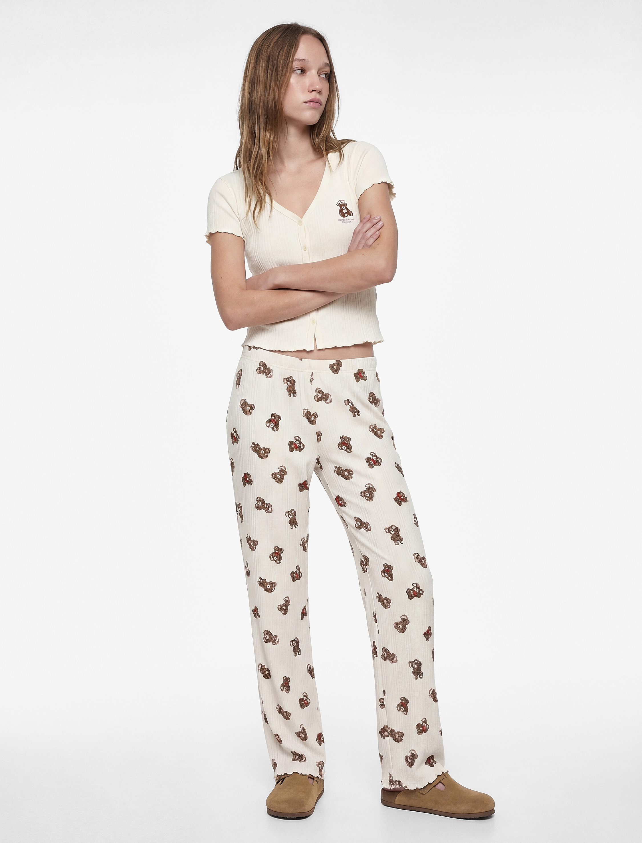   Kısa Kollu V Yaka Ayıcık Baskılı Pamuklu Yılbaşı Pijama Takımı