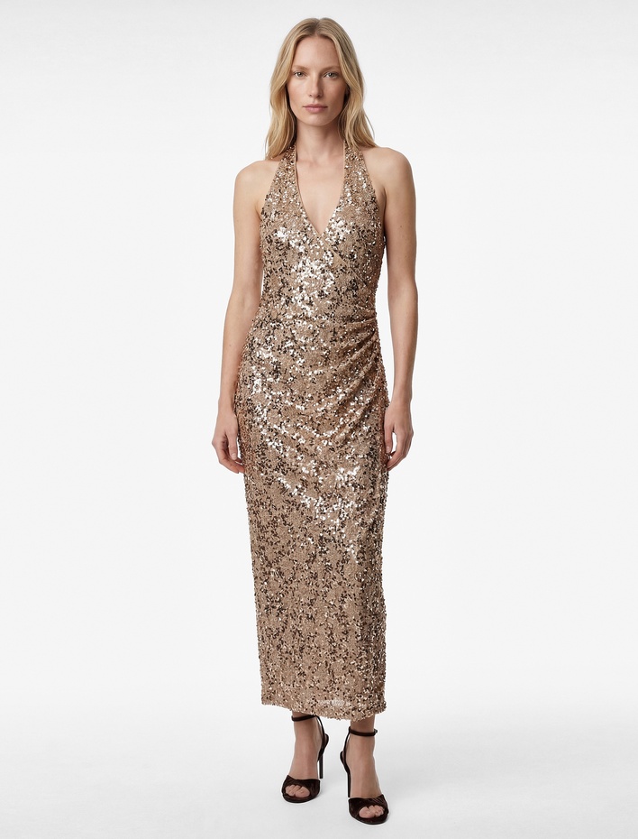  Slim Fit Sırt Dekolteli Kruvaze Halter Yaka Pullu Payetli Uzun Elbise