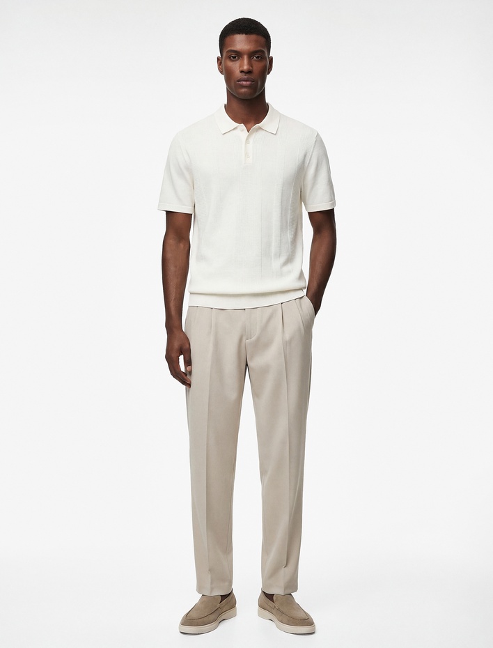  Regular Fit Pamuklu Dokulu Kısa Kollu Düğmeli Polo Yaka Pamuklu Triko Tişört