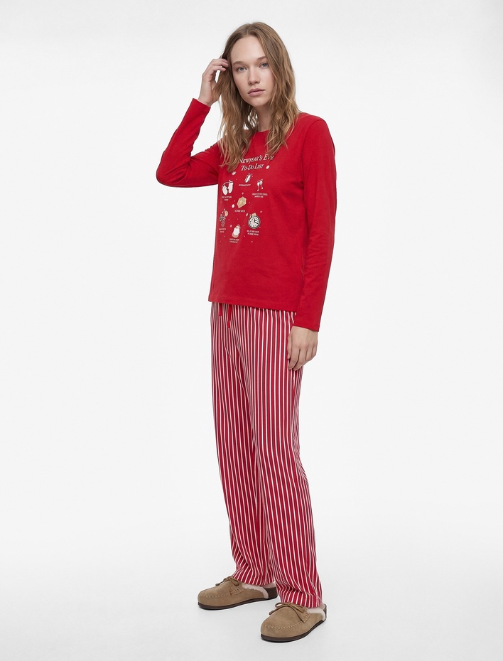  Uzun Kollu Bisiklet Yaka Pamuklu Baskılı Yılbaşı Pijama Takımı