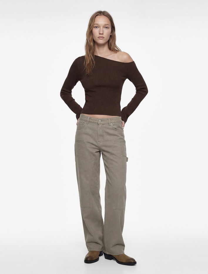  Asimetrik Yaka Uzun İspanyol Kollu Tek Omuz Tişört