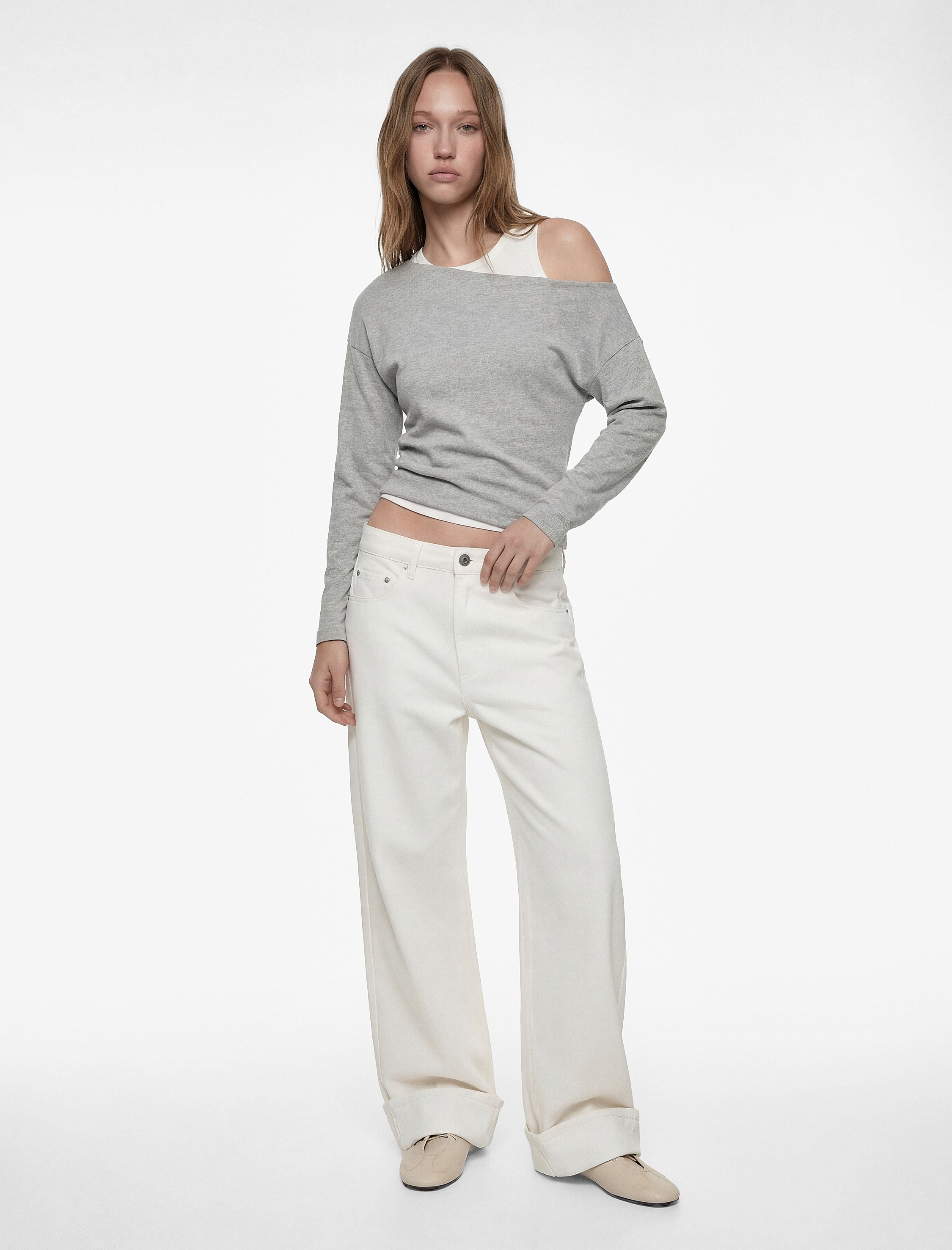   Slim Fit Renk Kontrastlı Asimetrik Çift Yaka Uzun Kollu Tişört