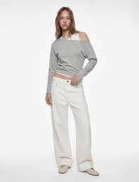 Slim Fit Renk Kontrastlı Asimetrik Çift Yaka Uzun Kollu Tişört