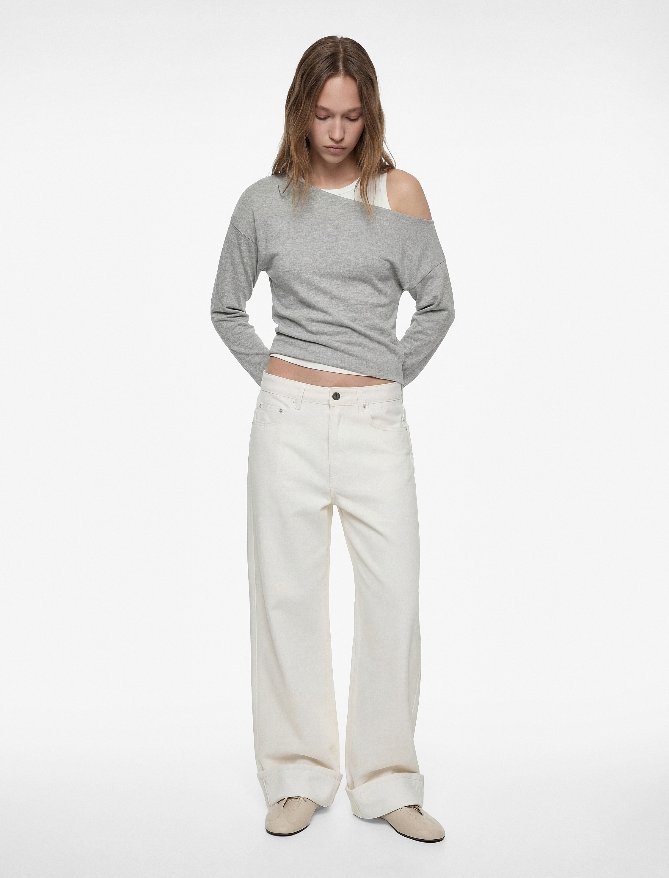   Slim Fit Renk Kontrastlı Asimetrik Çift Yaka Uzun Kollu Tişört