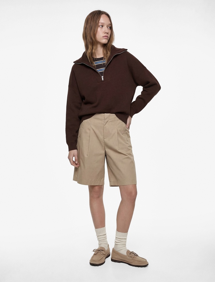  Uzun Kollu Yarım Fermuarlı Dik Yaka Triko Kazak