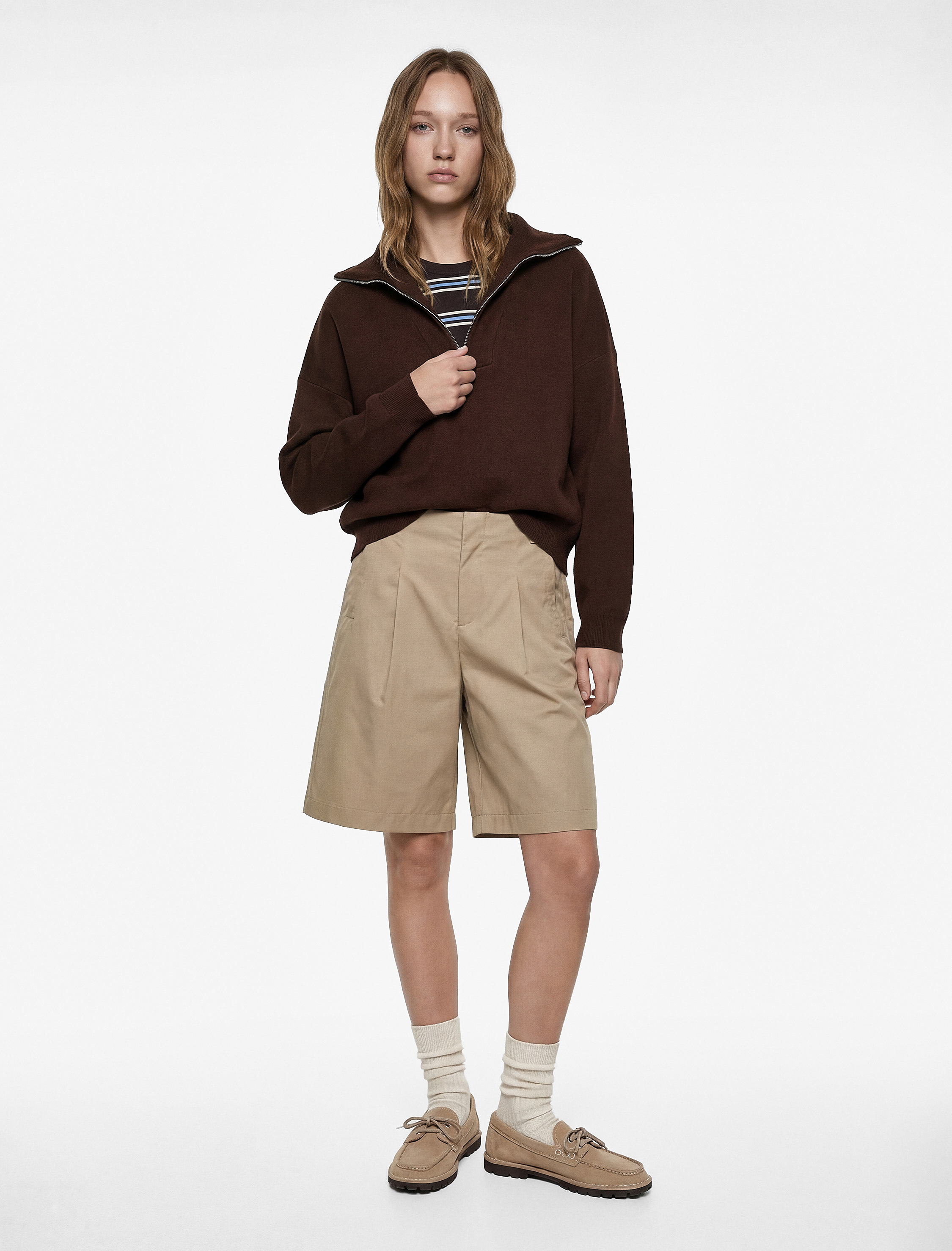   Uzun Kollu Yarım Fermuarlı Dik Yaka Triko Kazak