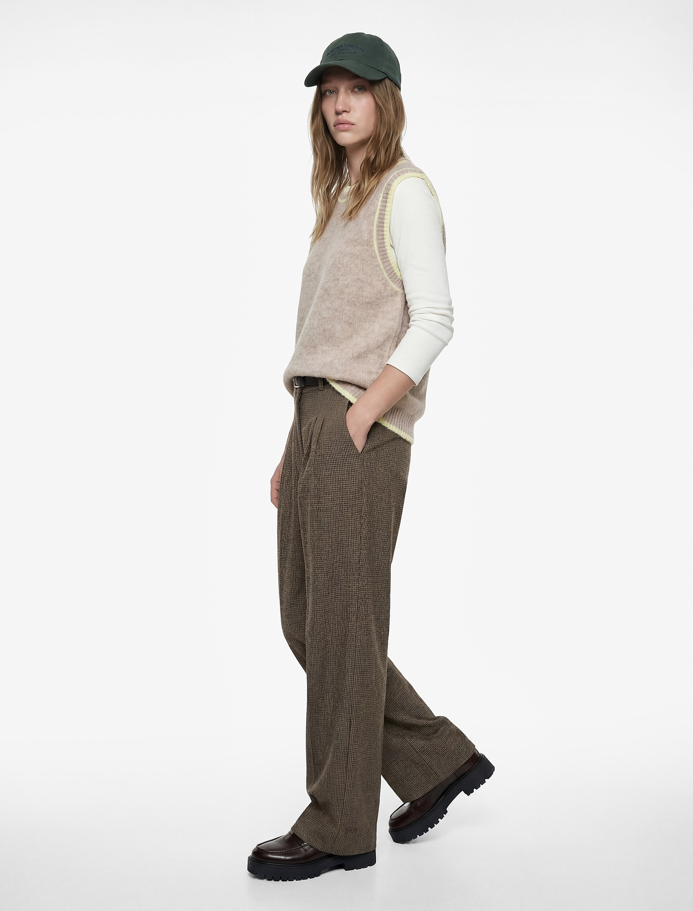   Cepli Pile Detaylı Kemerli Geniş Paça Baggy Kumaş Pantolon