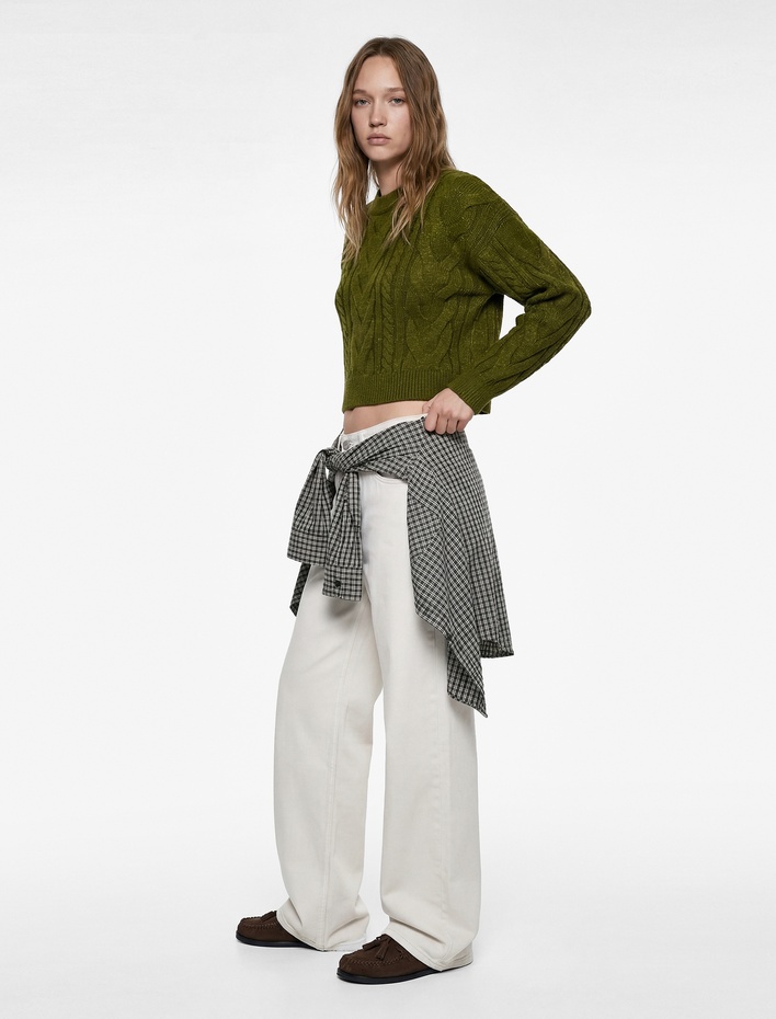  Uzun Kollu Bisiklet Yaka Saç Örgülü Triko Kazak