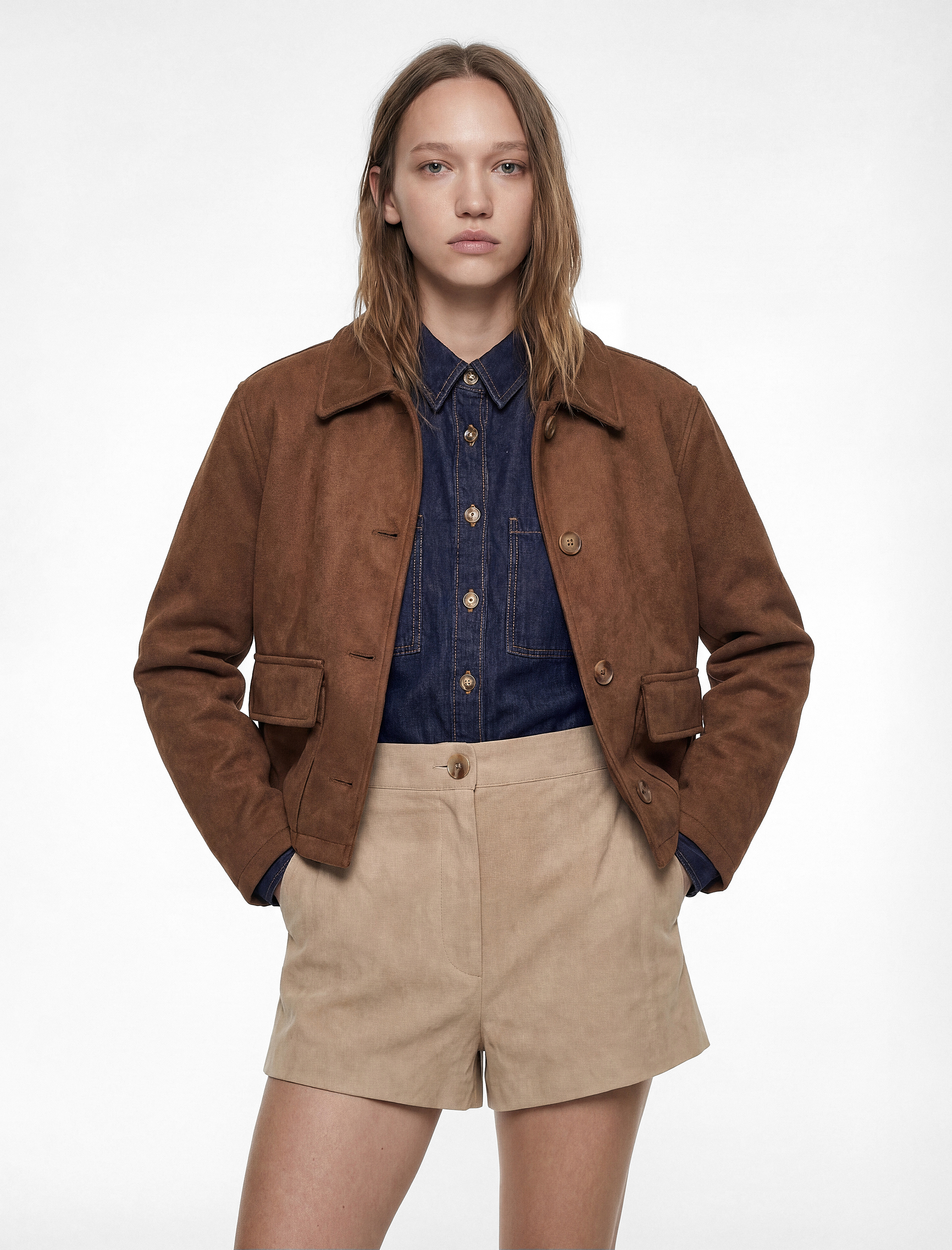   Regular Fit Cepli Uzun Kollu Suni Süet Ceket