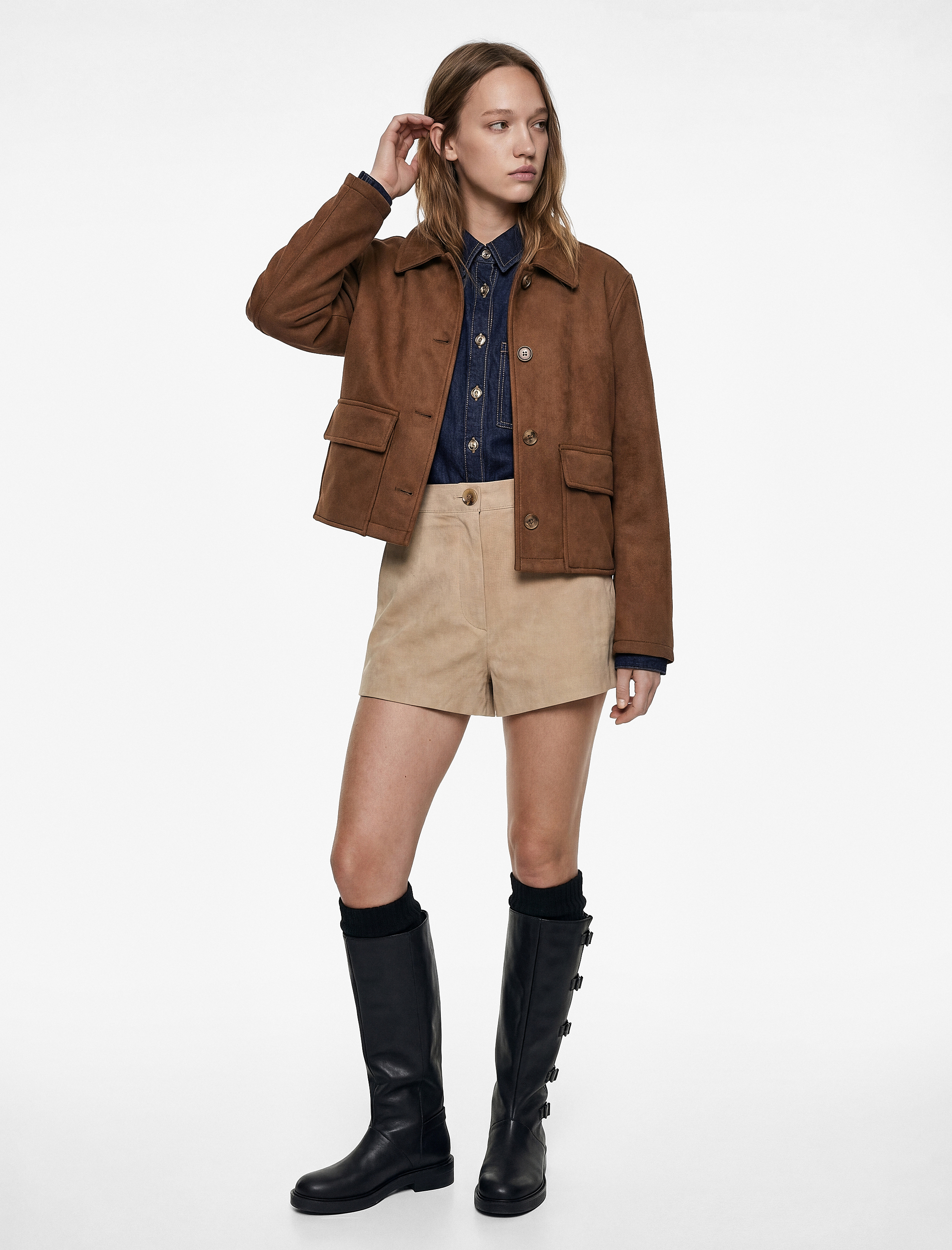   Regular Fit Cepli Uzun Kollu Suni Süet Ceket