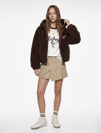 Uzun Kollu Regular Fit Cepli Fermuarlı Crop Kapüşonlu Peluş Ceket