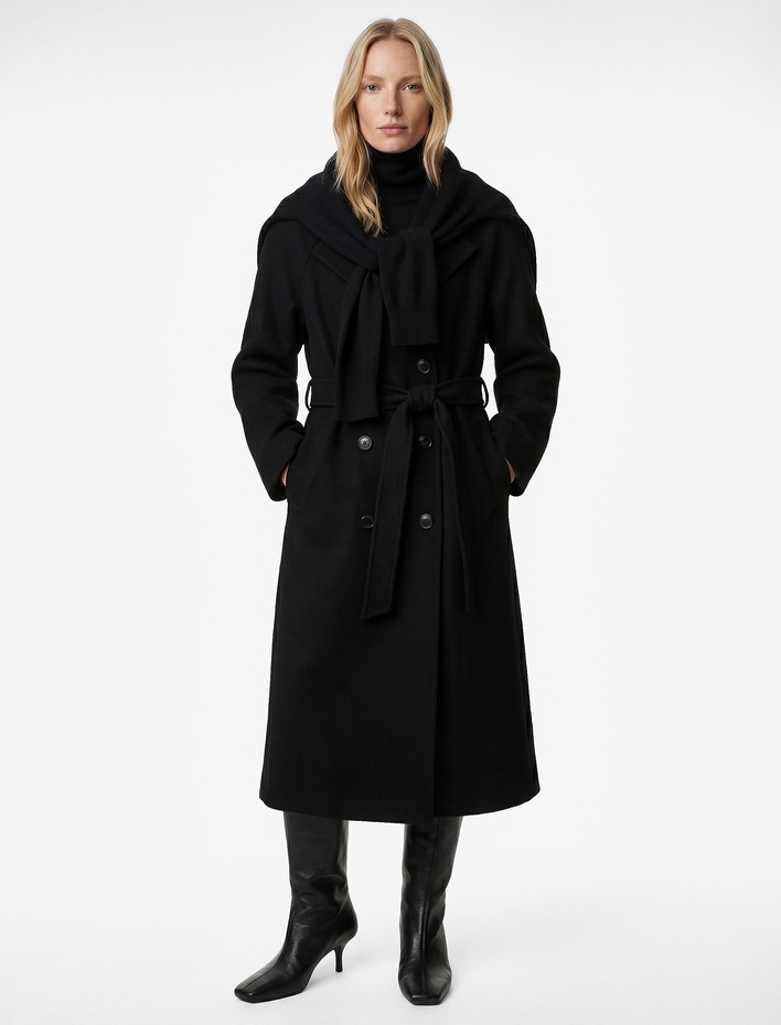  Kemerli Kaşe Kaban Kruvaze Düğmeli Uzun Kollu Cepli