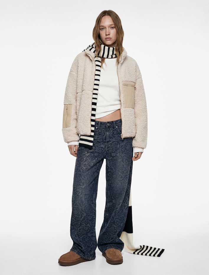  Uzun Kollu Fermuarlı Cep Detaylı Oversize Peluş Ceket