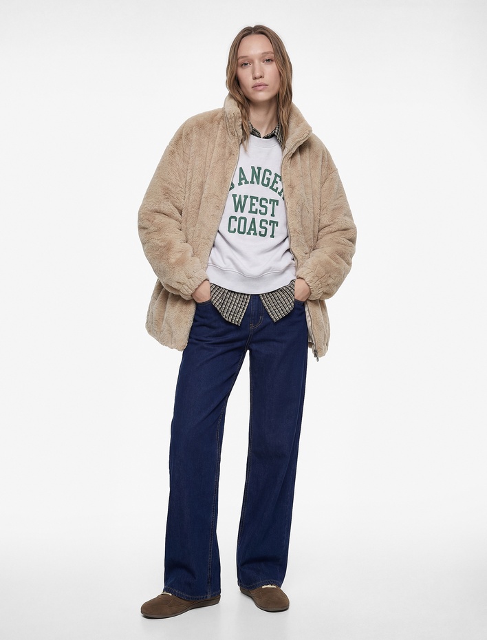  Fermuarlı Cep Detaylı Dik Yaka Beli Lastikli Peluş Ceket