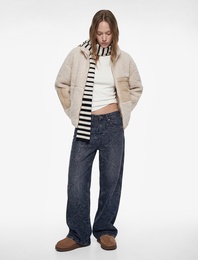 Uzun Kollu Fermuarlı Cep Detaylı Oversize Peluş Ceket