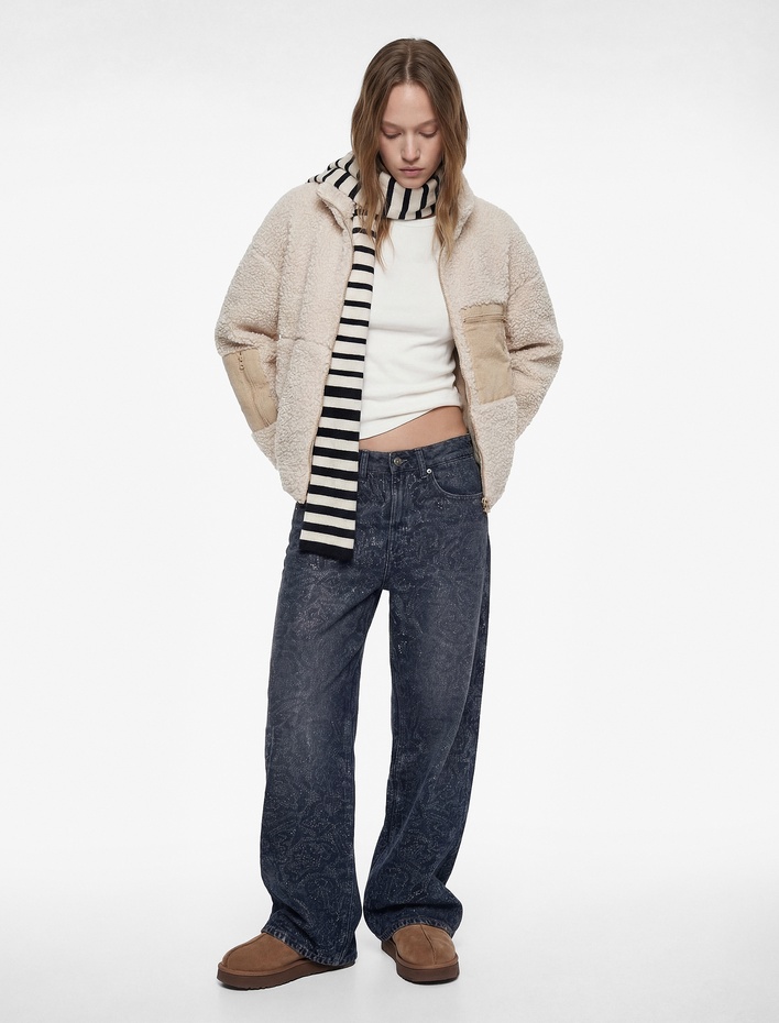  Uzun Kollu Fermuarlı Cep Detaylı Oversize Peluş Ceket